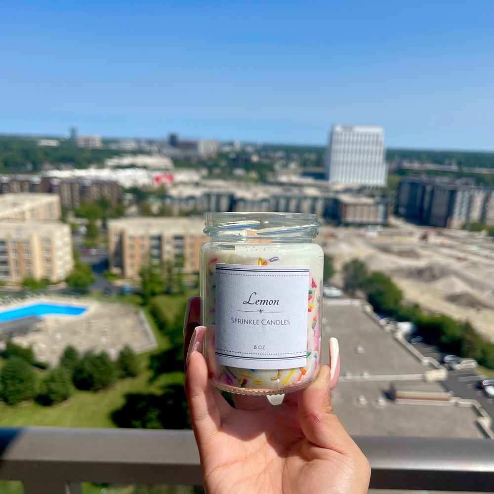 Lemon Sprinkle Candles made with 100% soy wax & a burn life of 35+ hours.